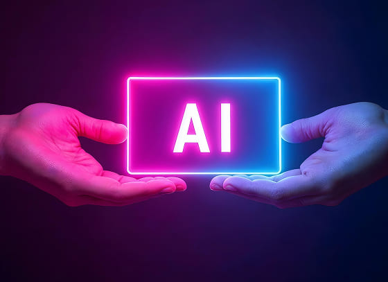 Hands holding a glowing AI sign