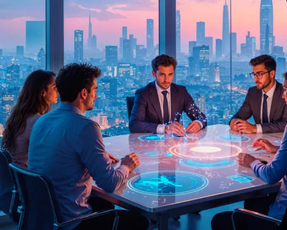 Business team meeting in a modern office with city view